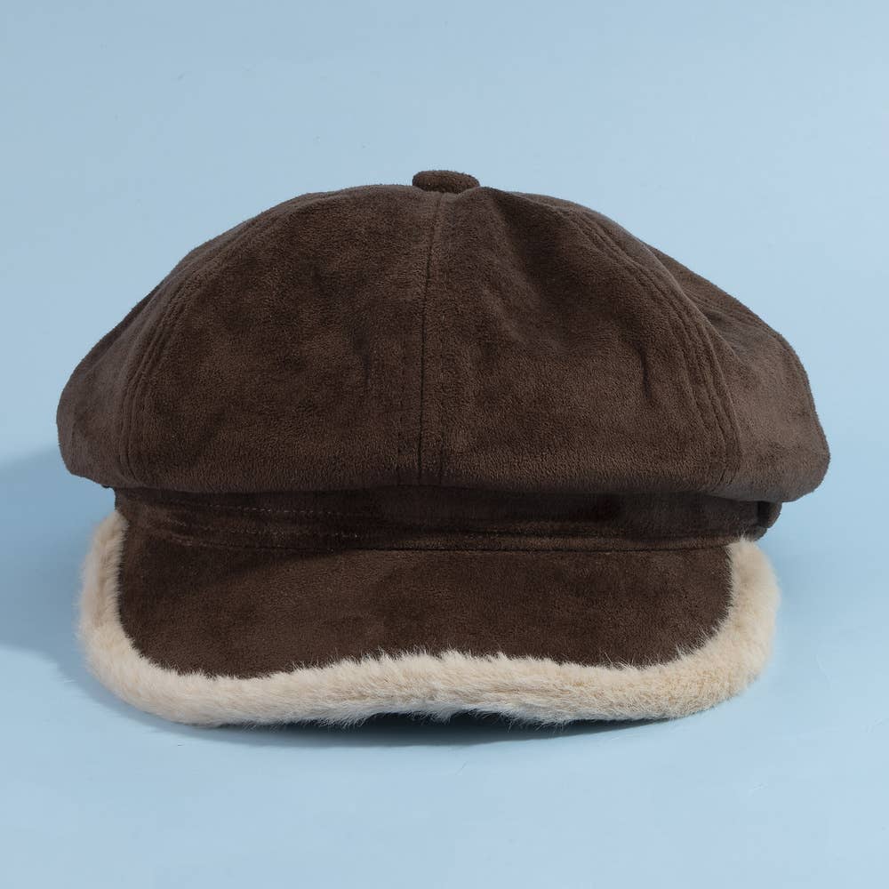 Plush Trim Vegan Suede Newsboy Hat