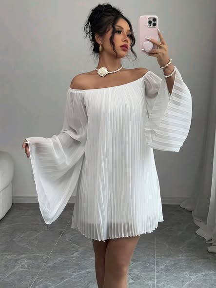 Pleated Off Shoulder CHIFFON Dress.