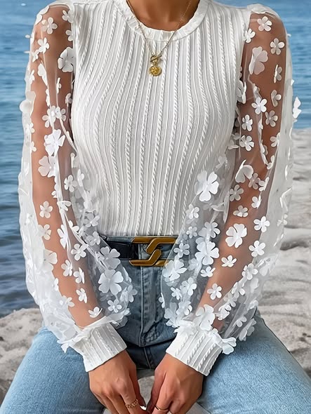 Sheer 3d Flower Sleeve Top