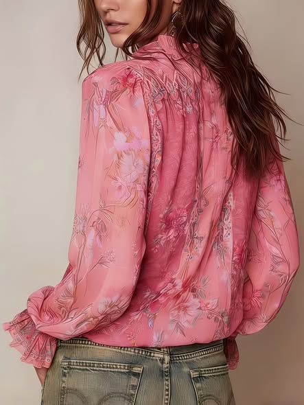 Floral Ruffle Zip Blouse