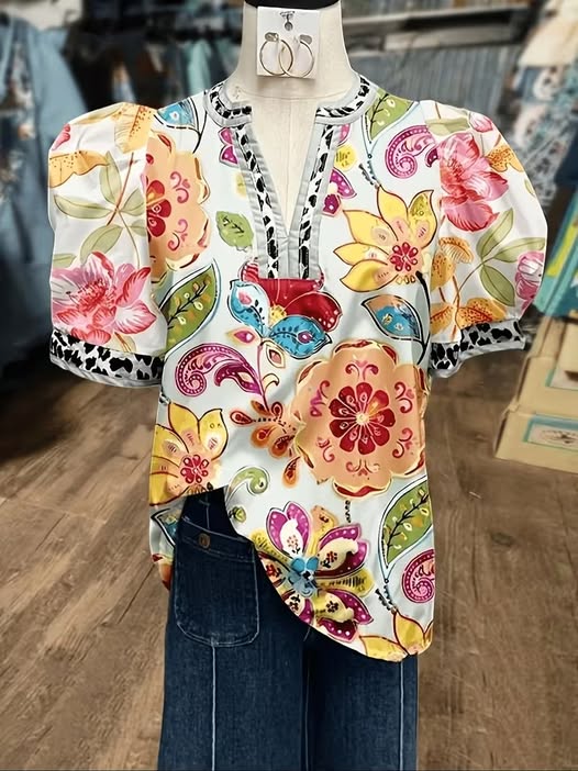 Colorful Leopard Trim Blouse
