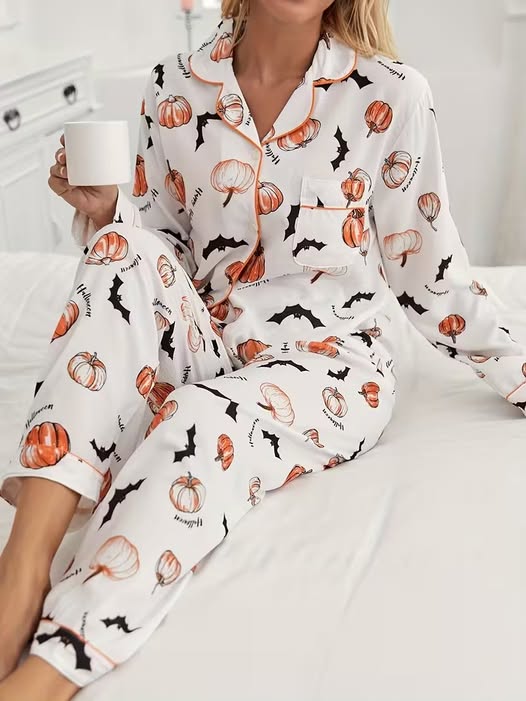 Pumpkin & Bat Pj Set with Piping