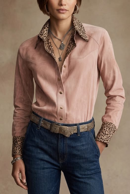 Vegan Suede Leopard Cuff Blouse