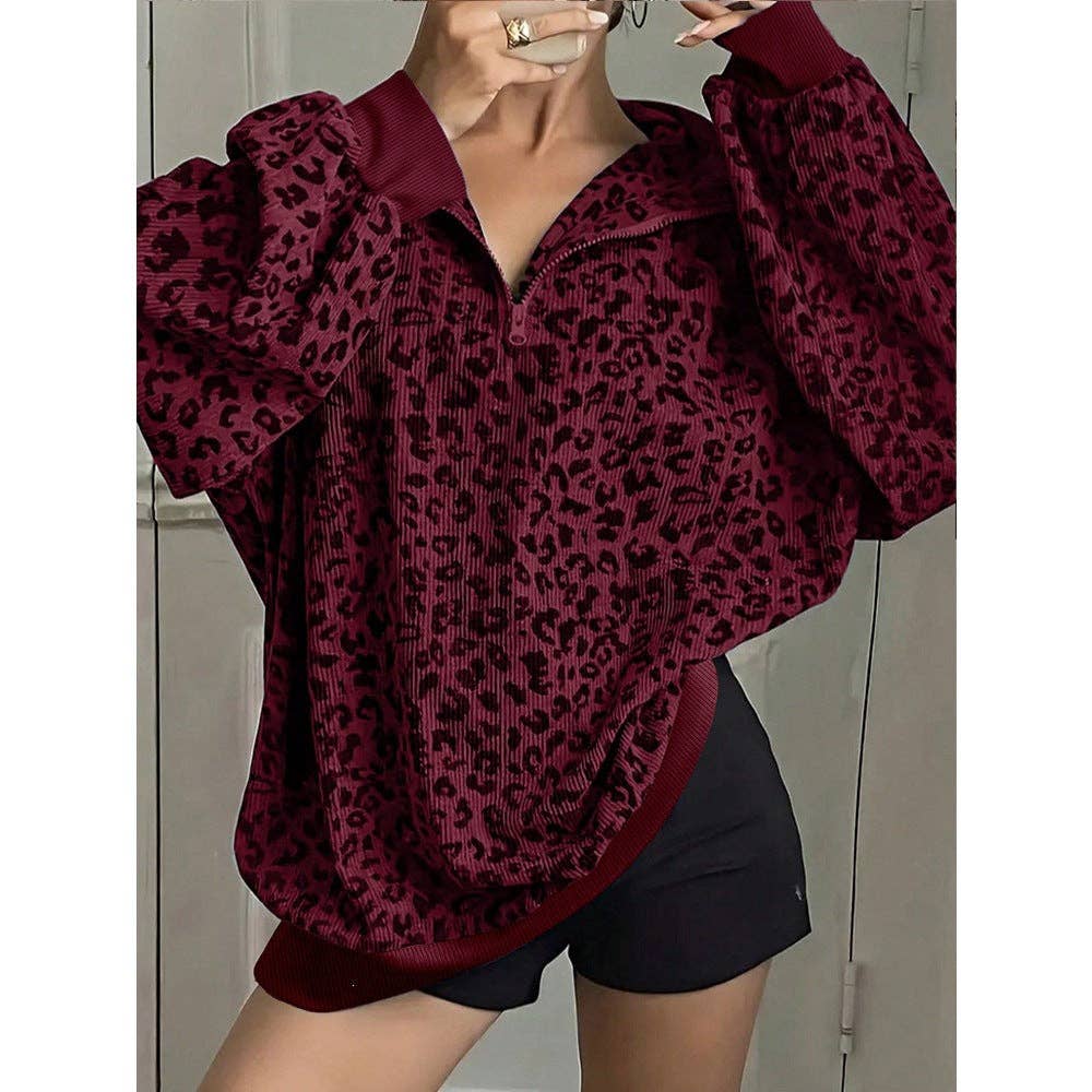 Leopard Corduroy Sweatshirt Streetwear Oversized Half Zip