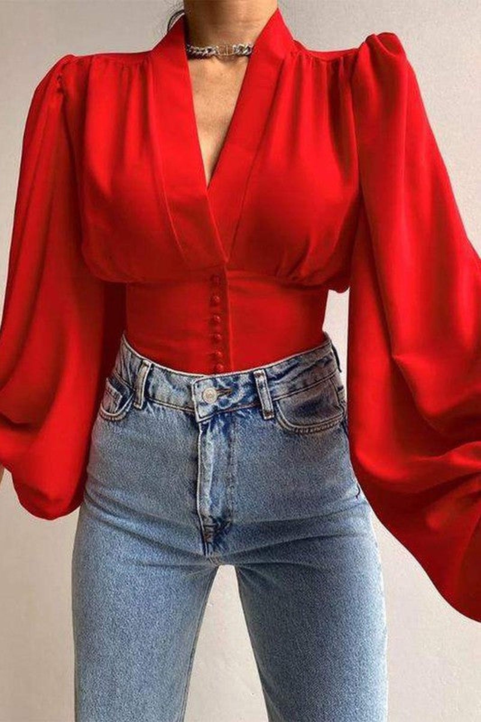 Red Puff Lantern Sleeve Top