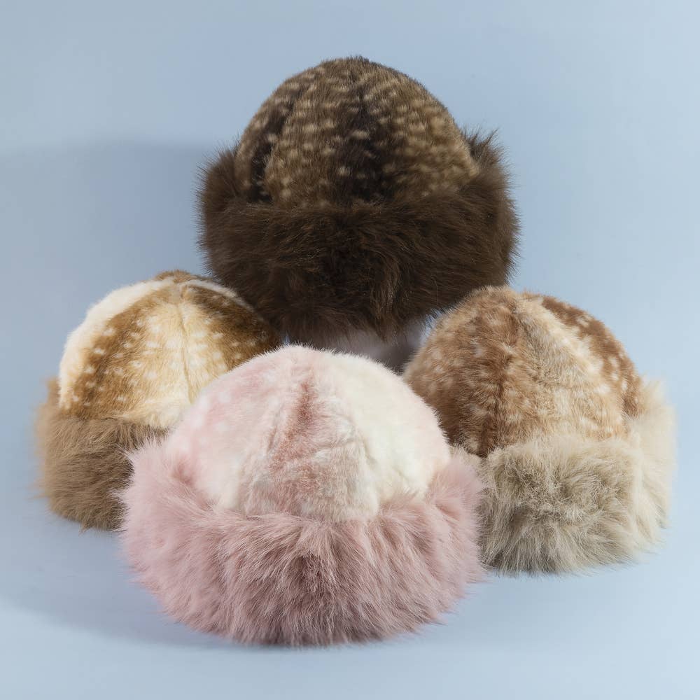 Deer Fawn Print Marled Fur Trim Bucket Hat
