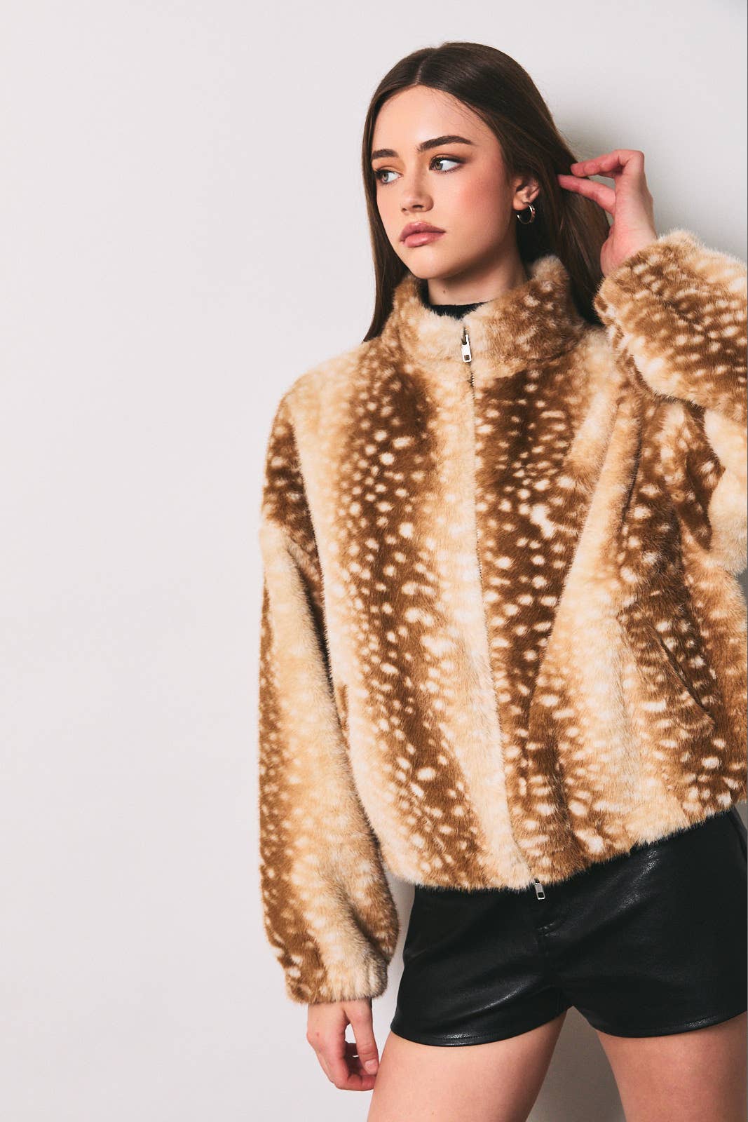 Faux Fur Deer Print Zip Jacket