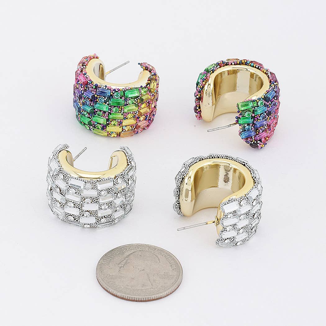 Pave Baguette Rhinestone Chunky C-Hoop Earrings