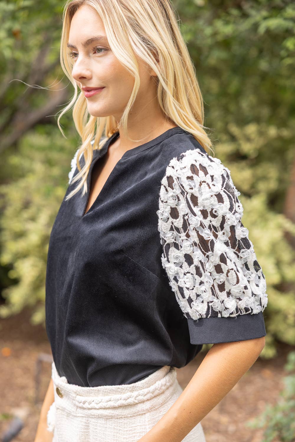 Floral Embroidered Lace Sleeve Colorblock Top