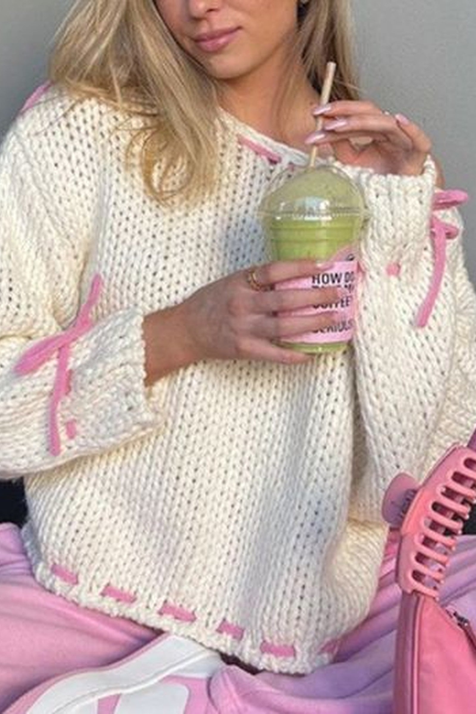 Woven Yarn Pink Bow Sweater