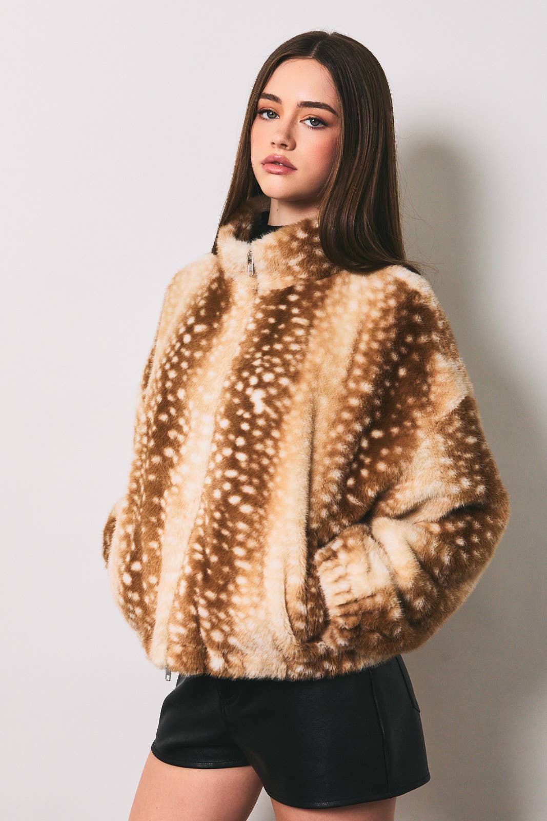 Faux Fur Deer Print Zip Jacket