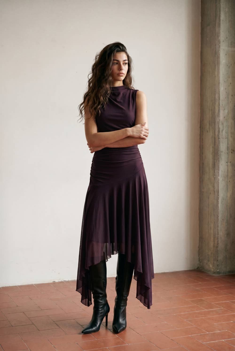 Draped High-Neck Mesh Maxi Dress with Asymmetric Flutter Hem
