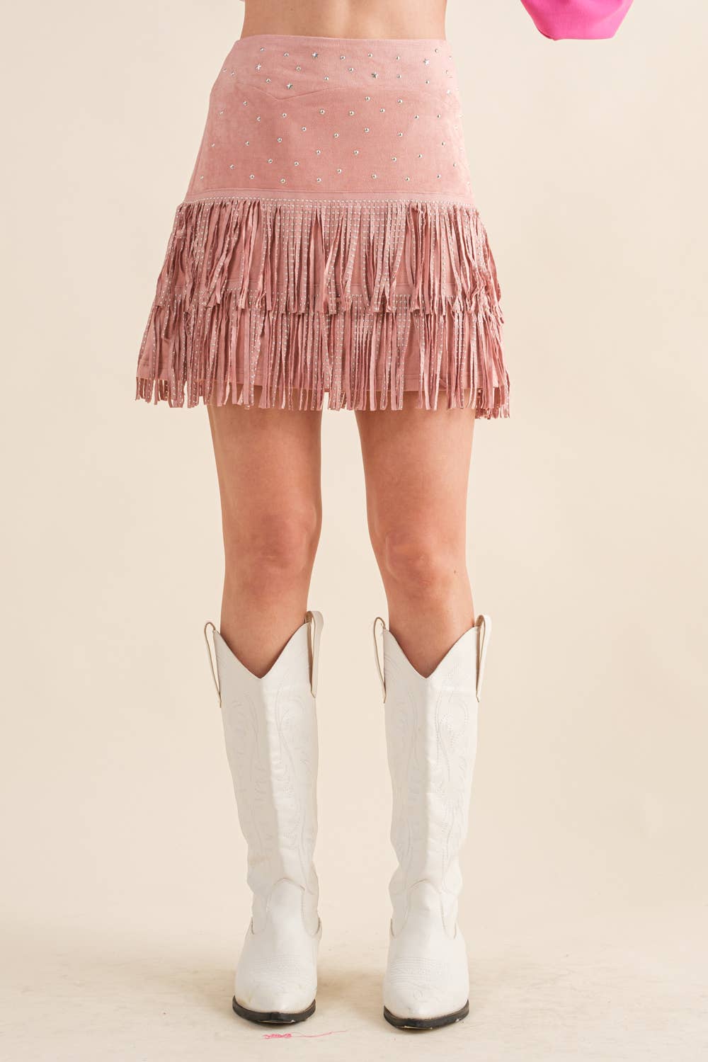 32932S - Suede Star Silver Studded Tiered Fringe Mini Skirt