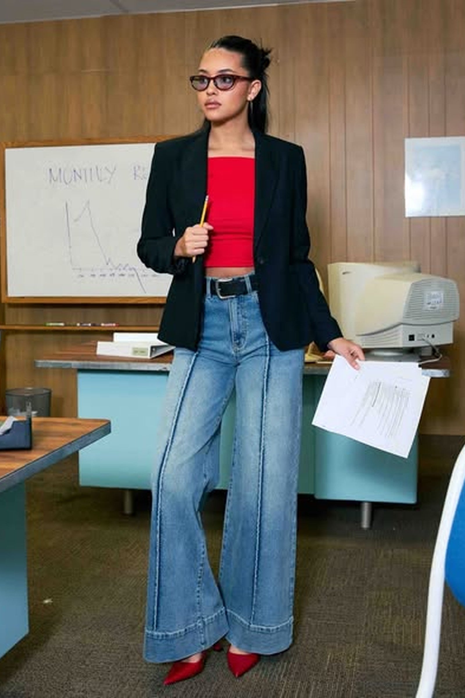 Pintuck Denim Jeans