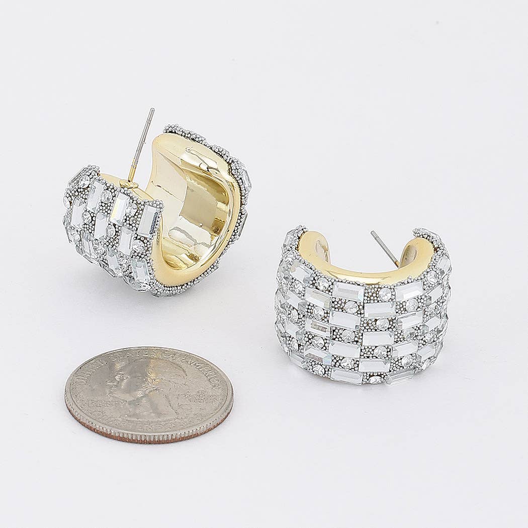 Pave Baguette Rhinestone Chunky C-Hoop Earrings