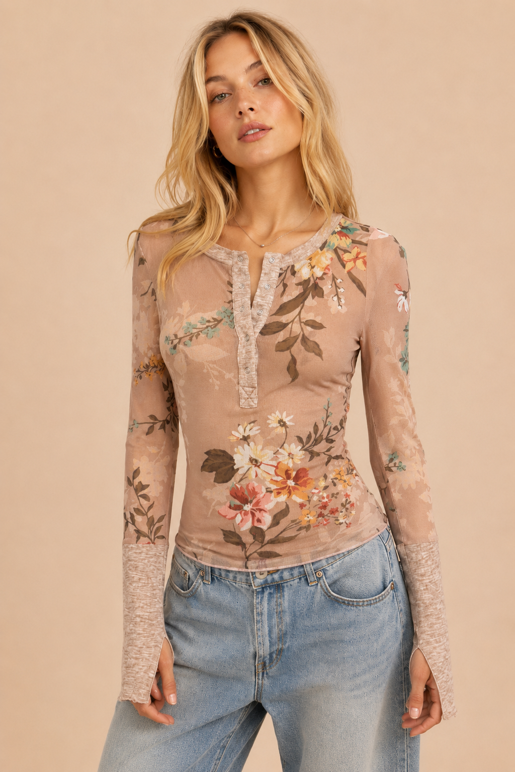 Multi Print Long Sleeve Henley Top
