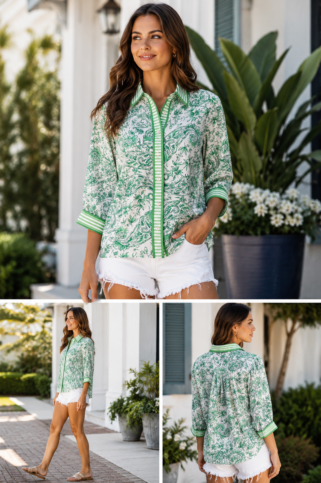 Green Floral Stripe Blouse