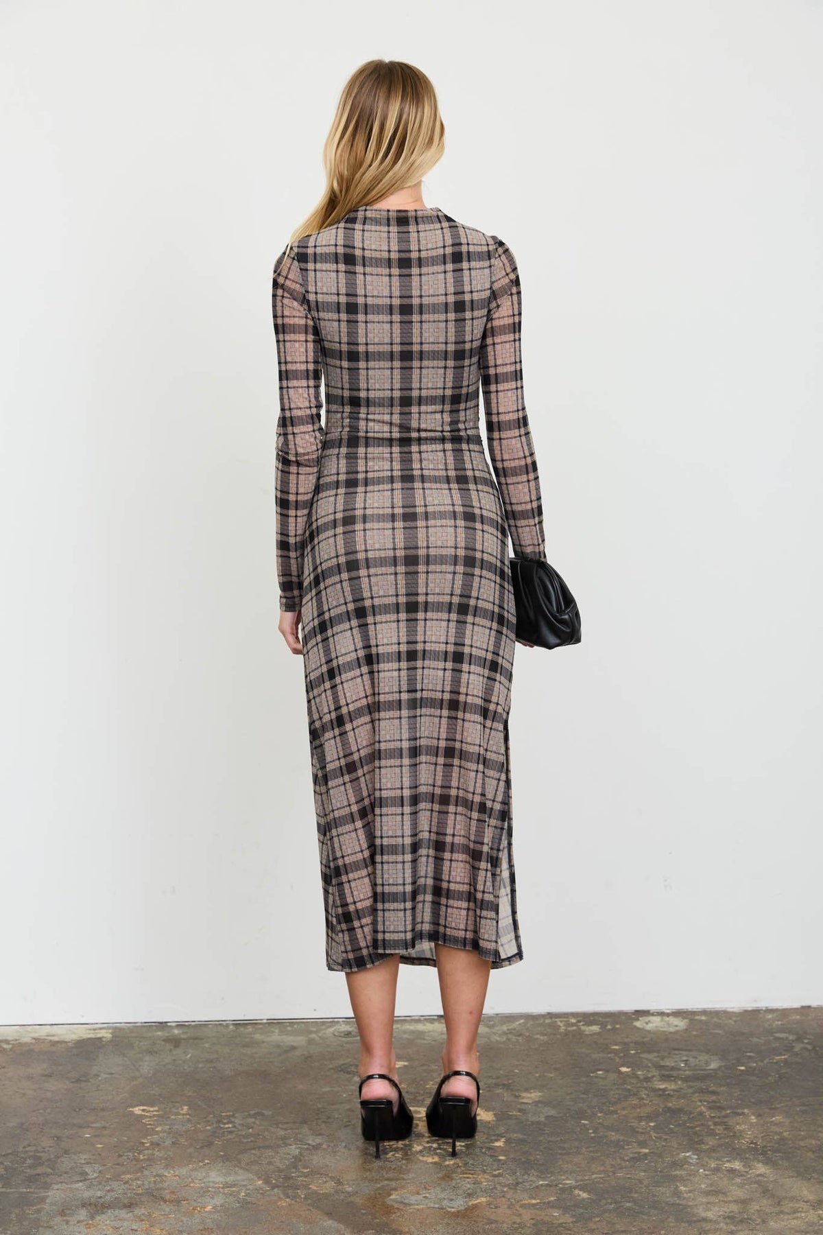 Plaid Mesh Ruched High Neck Midi Dress