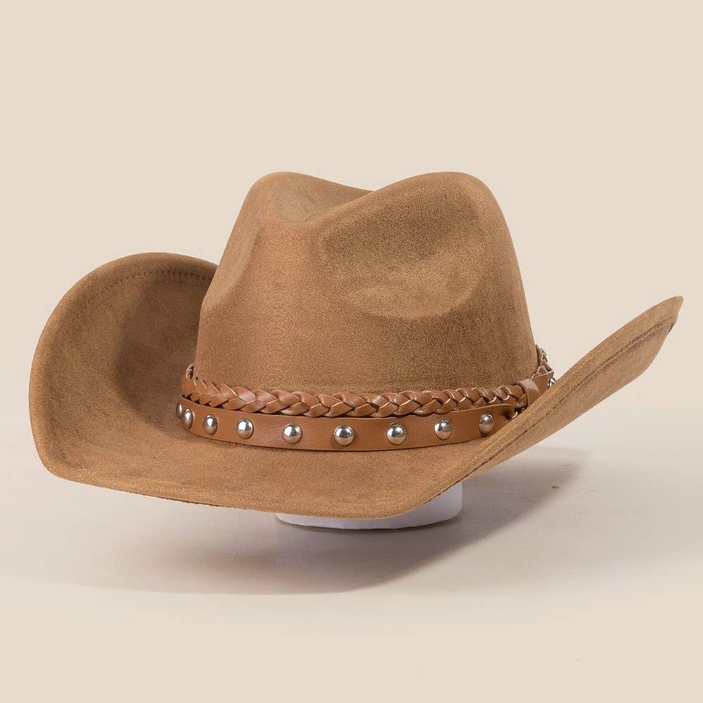 Braided And Studded Strap Faux Suede Cowboy Hat