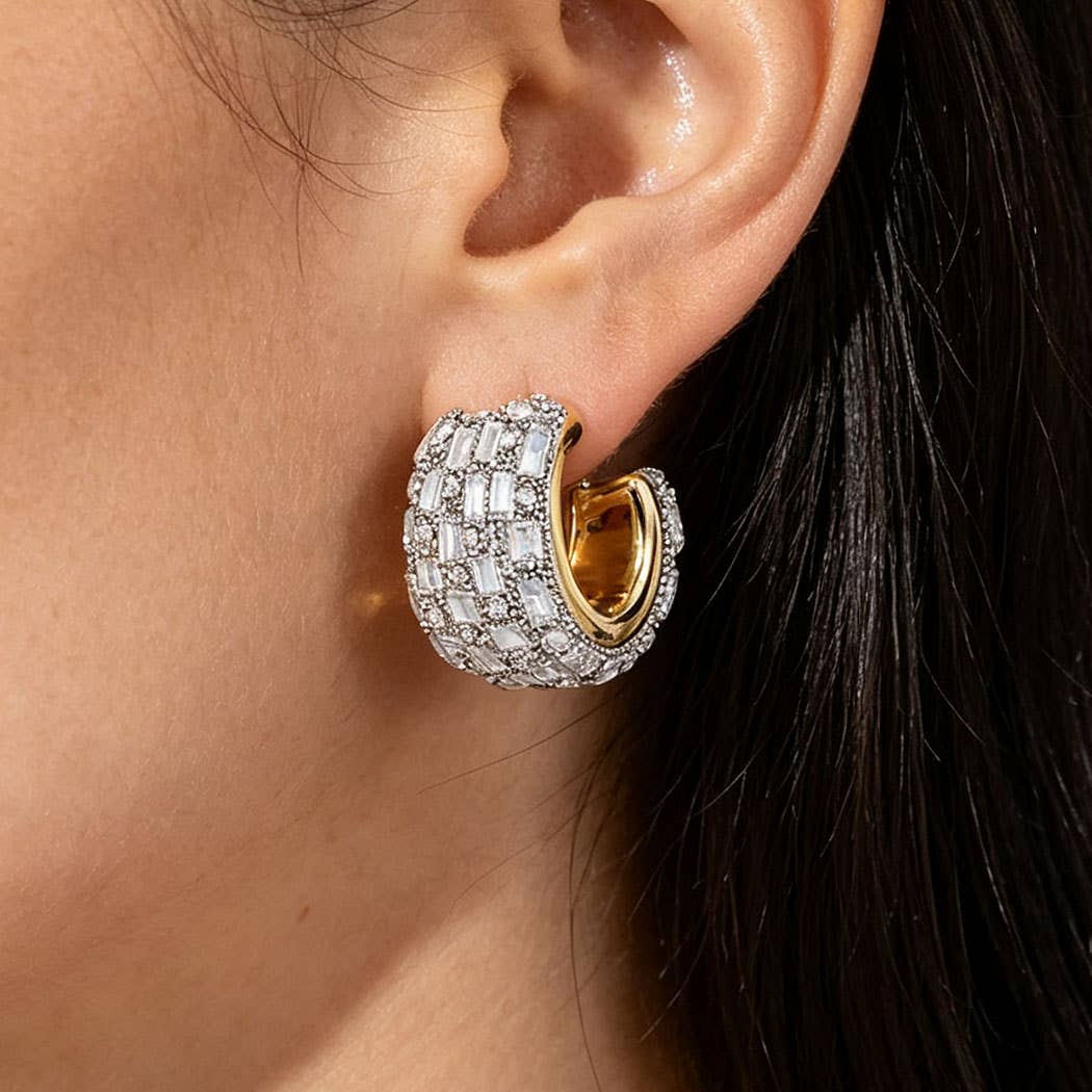 Pave Baguette Rhinestone Chunky C-Hoop Earrings