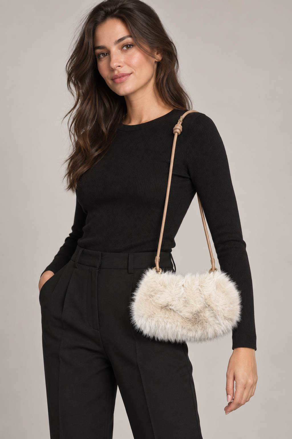Leather String Fur Purse