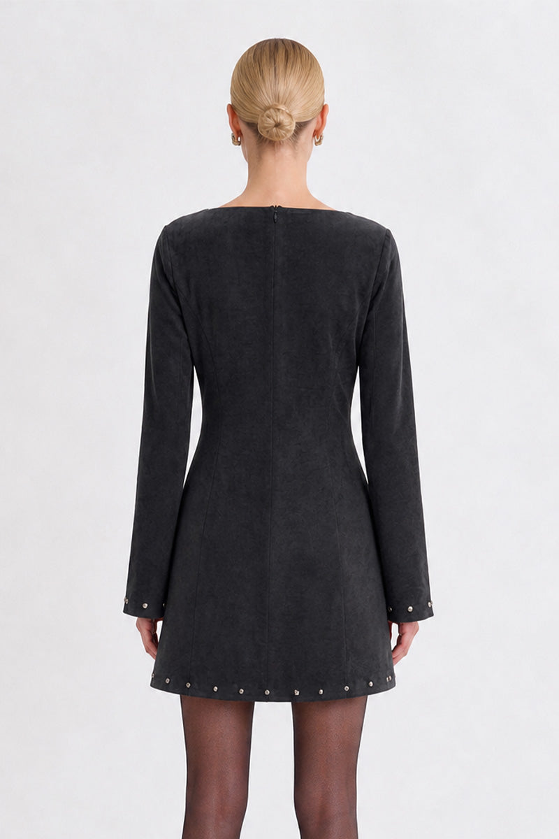 Boat Neck Bell Sleeve Studded A-Line Dress