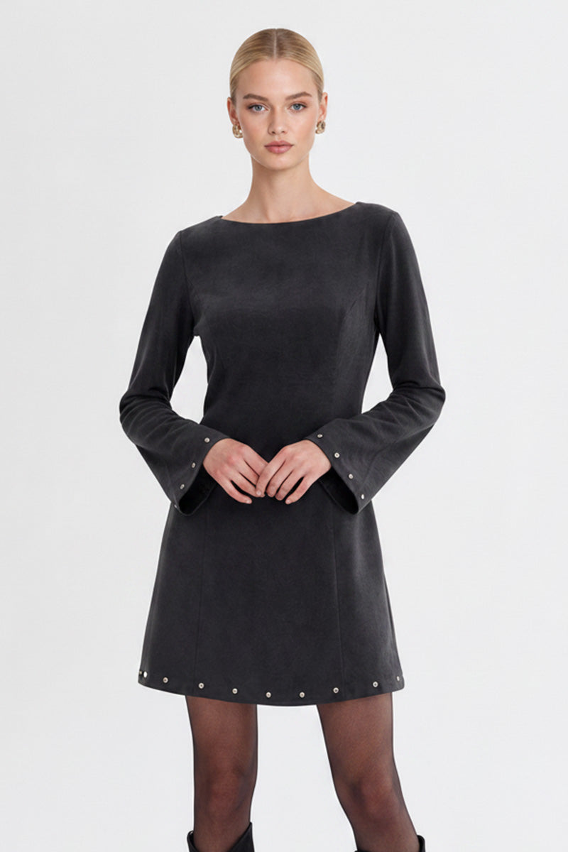 Boat Neck Bell Sleeve Studded A-Line Dress