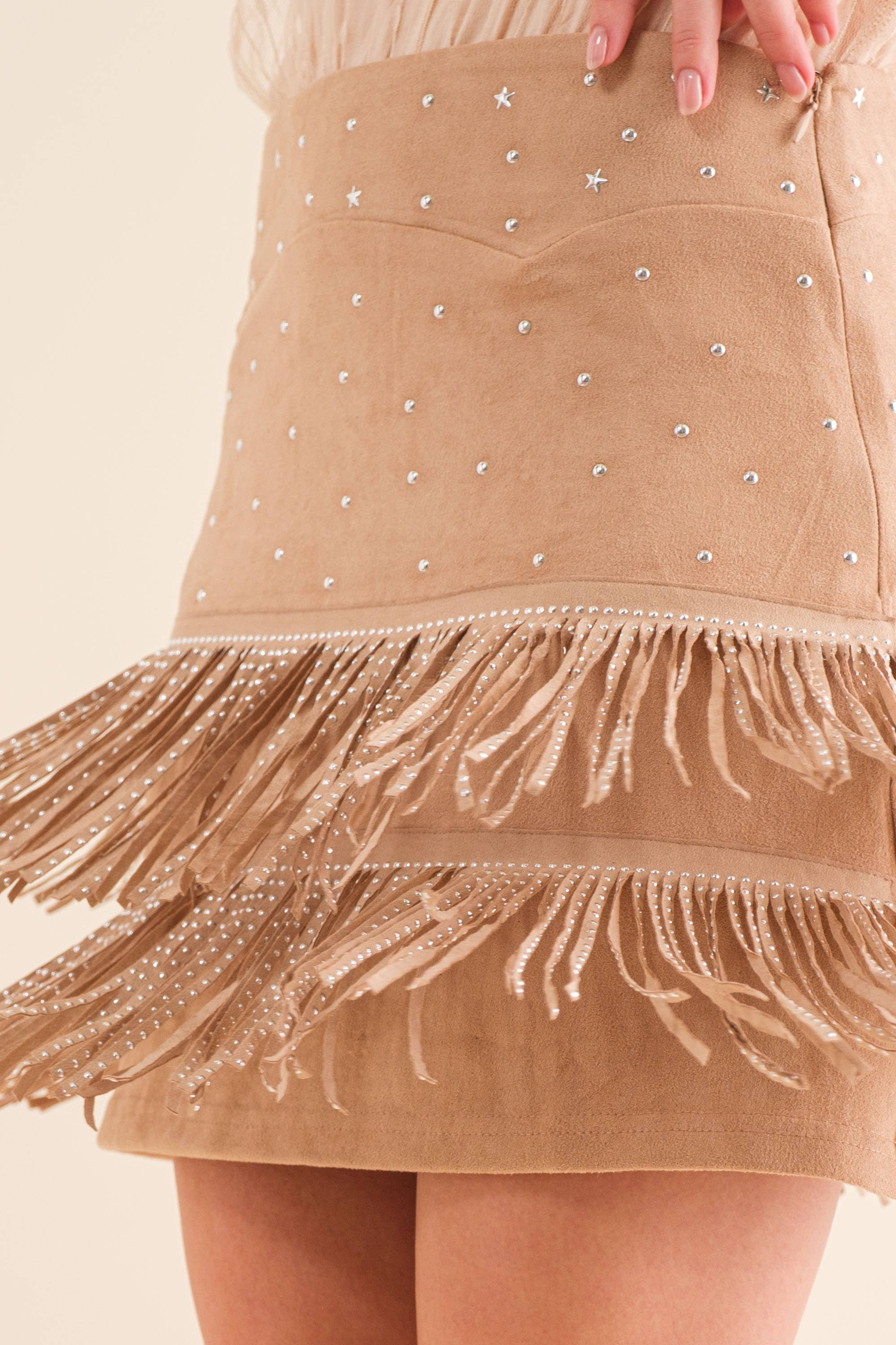 32932S - Suede Star Silver Studded Tiered Fringe Mini Skirt