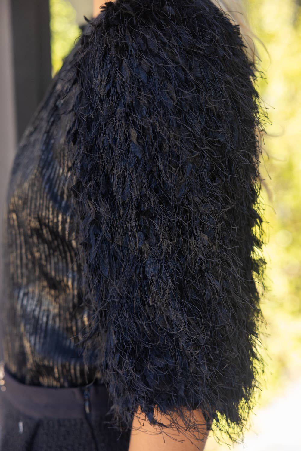 37234 Textured Feathered Sleeve Metallic Stripe Top