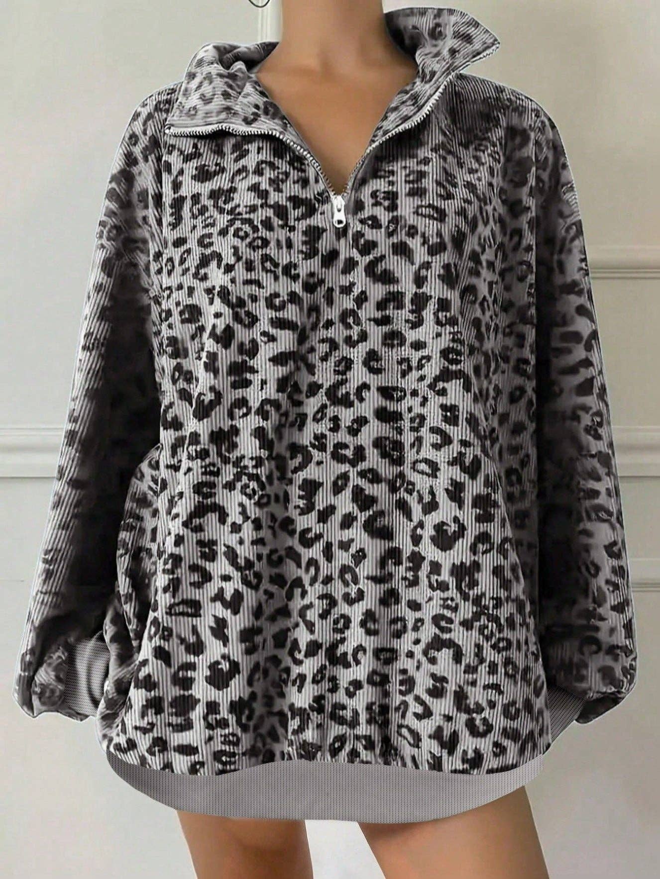 Leopard Corduroy Sweatshirt Streetwear Oversized Half Zip