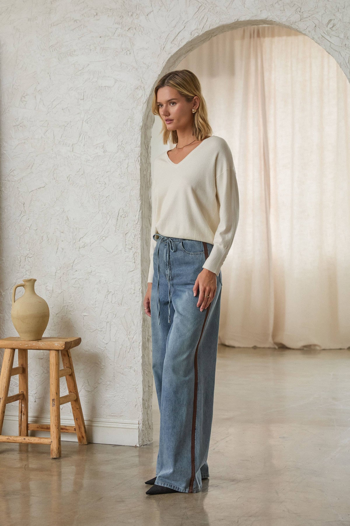 Washed Denim Pants with Faux Suede Side Line Detail and Wais