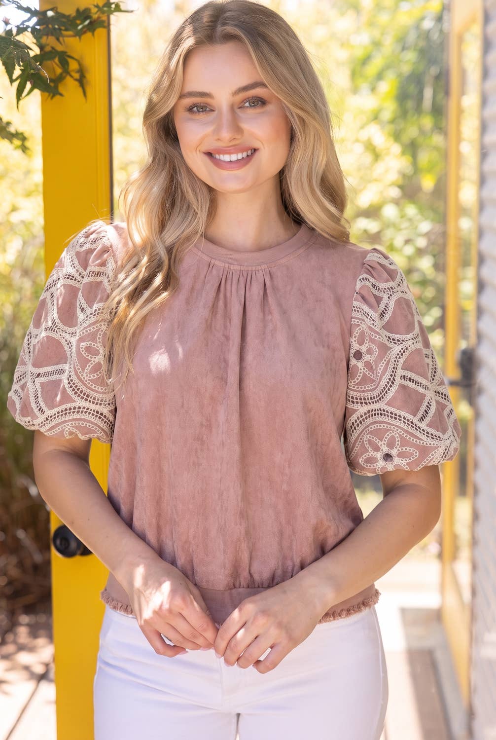 Floral Eyelet Crochet Bubble Sleeve Top