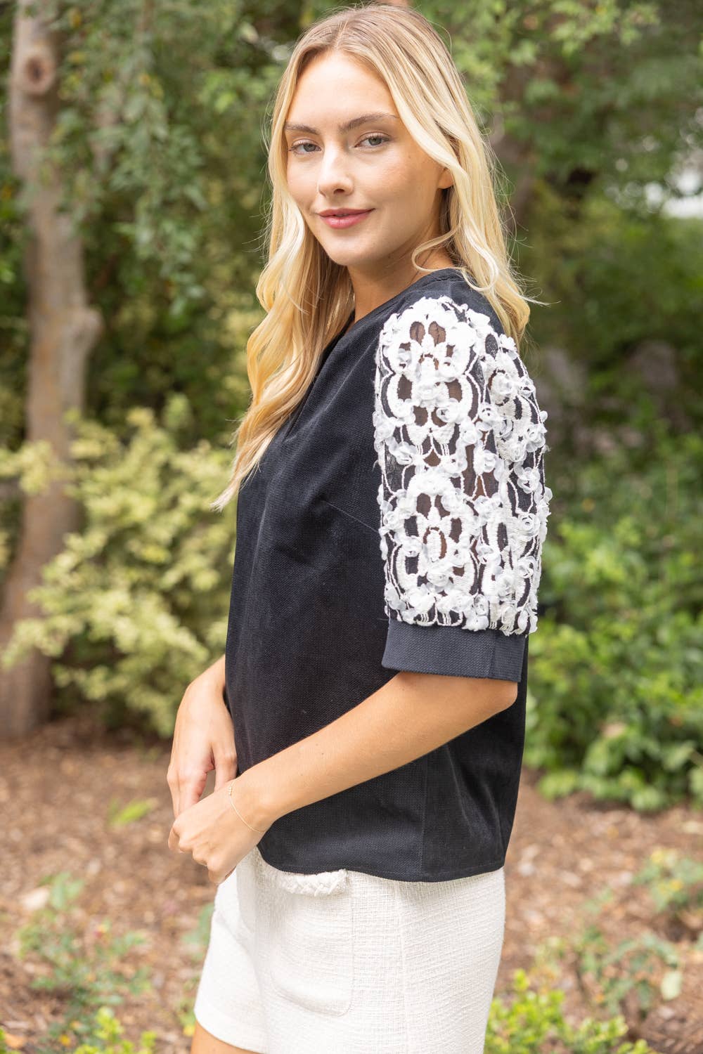 Floral Embroidered Lace Sleeve Colorblock Top