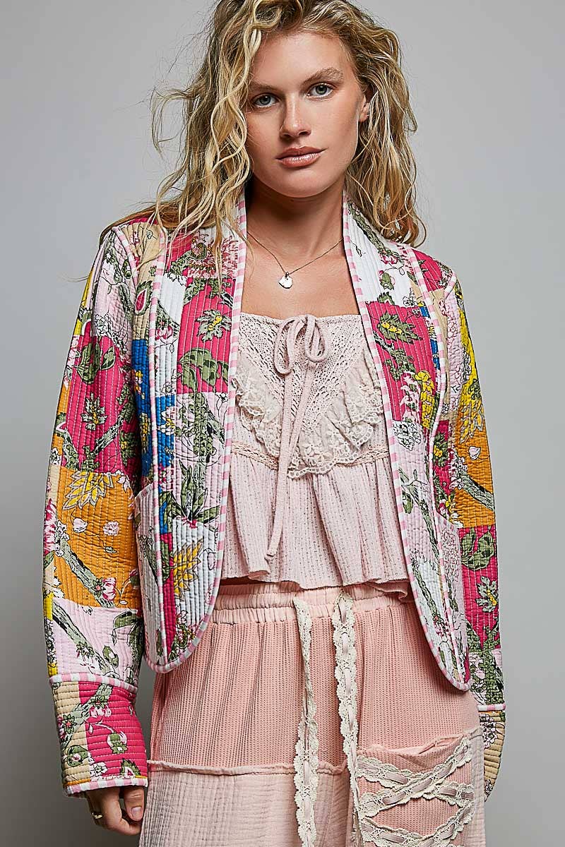 Lightweight Contrast Trim Quilted Kimono Jacket