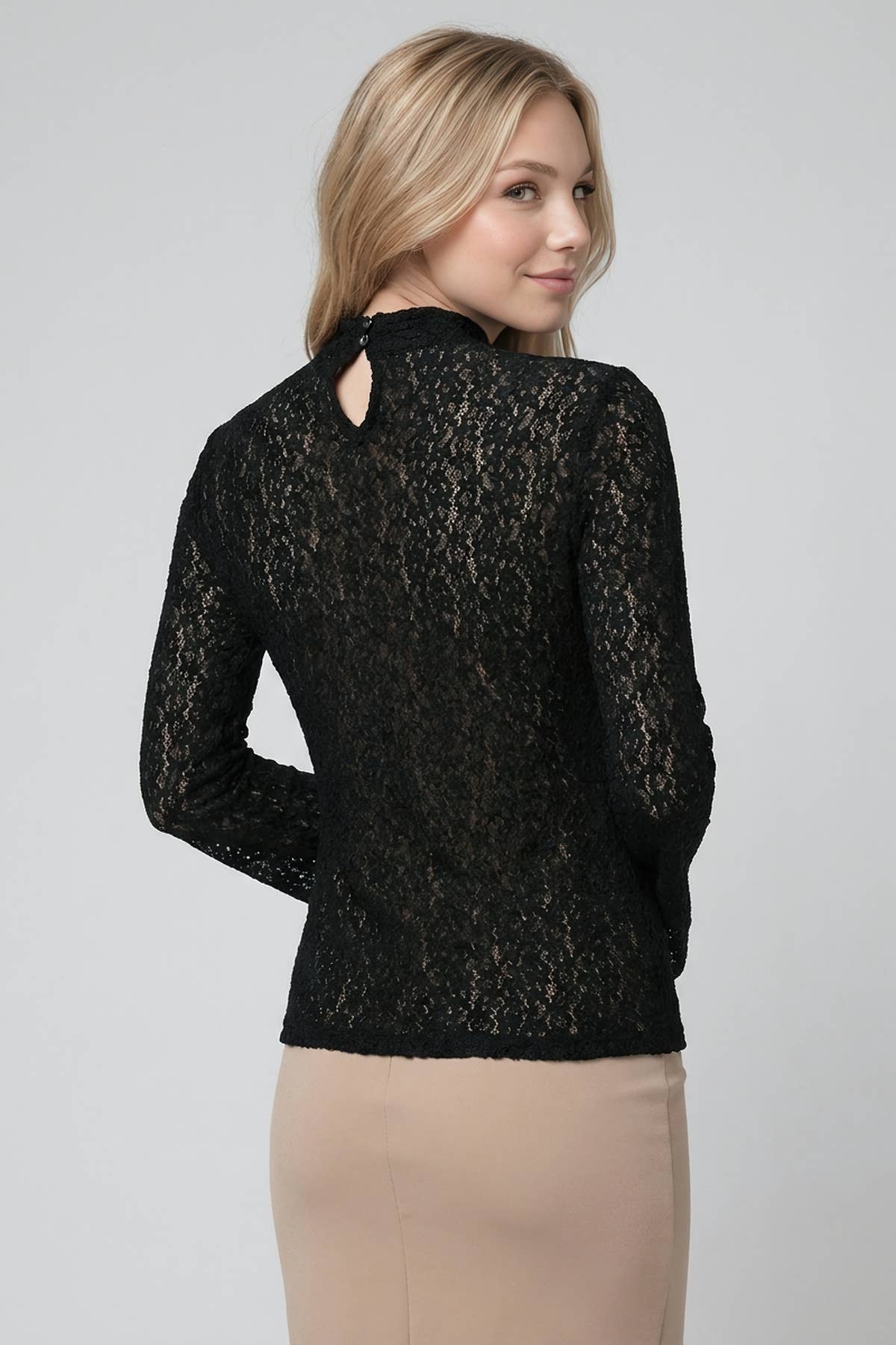 Lace Mock Neck Semi Bell Slv Top