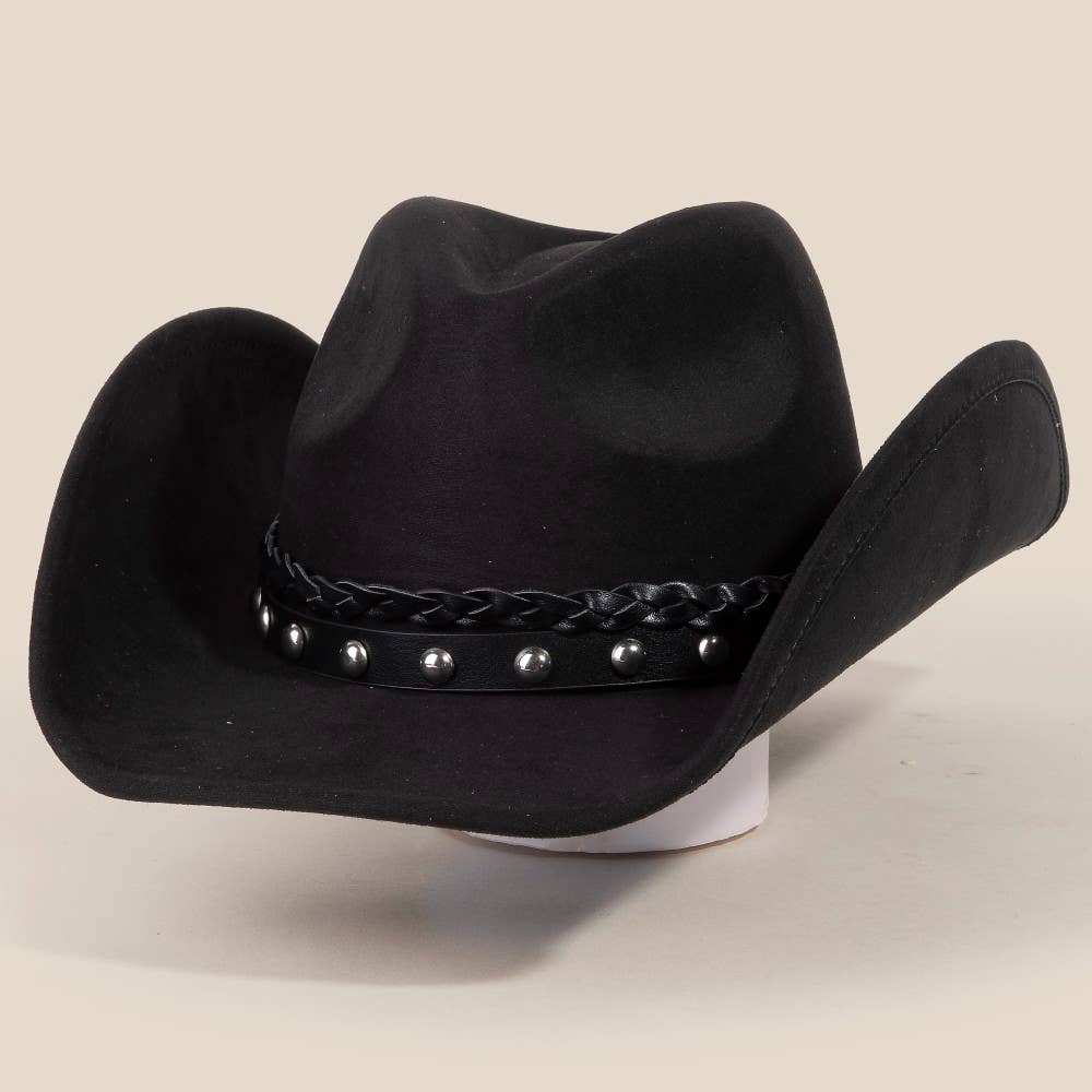 Braided And Studded Strap Faux Suede Cowboy Hat