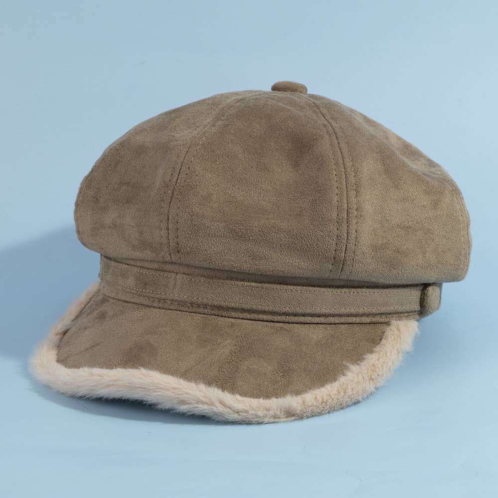 Plush Trim Vegan Suede Newsboy Hat