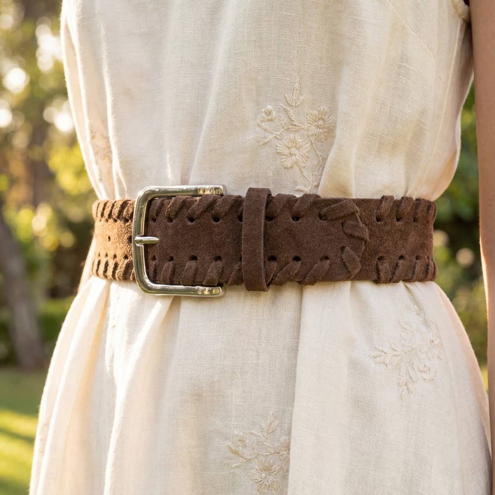 Wide Vegan Leather Whipstitch Belt