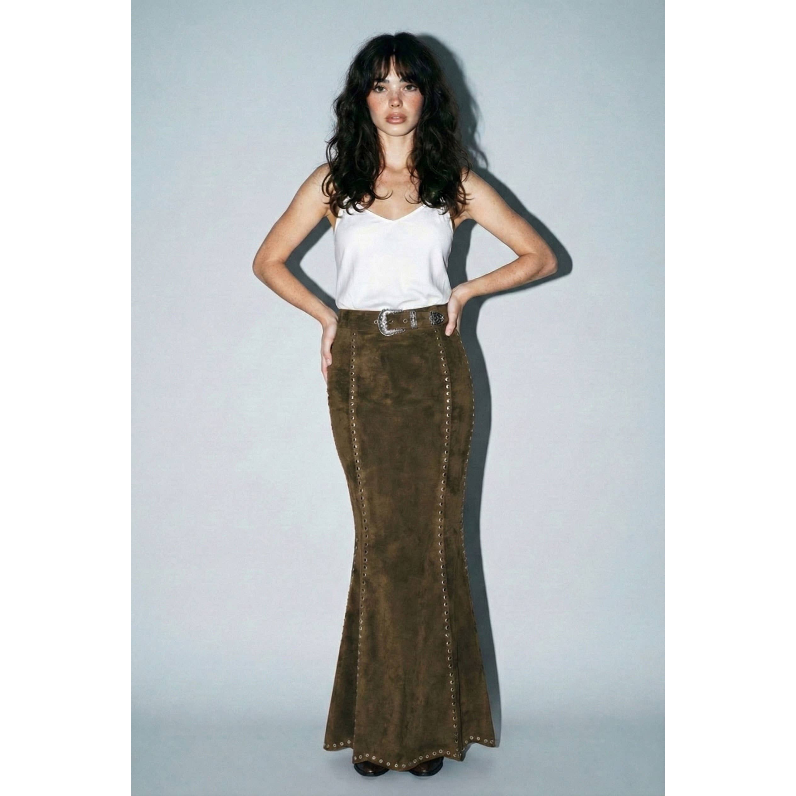 Suede Studded Maxi Skirt