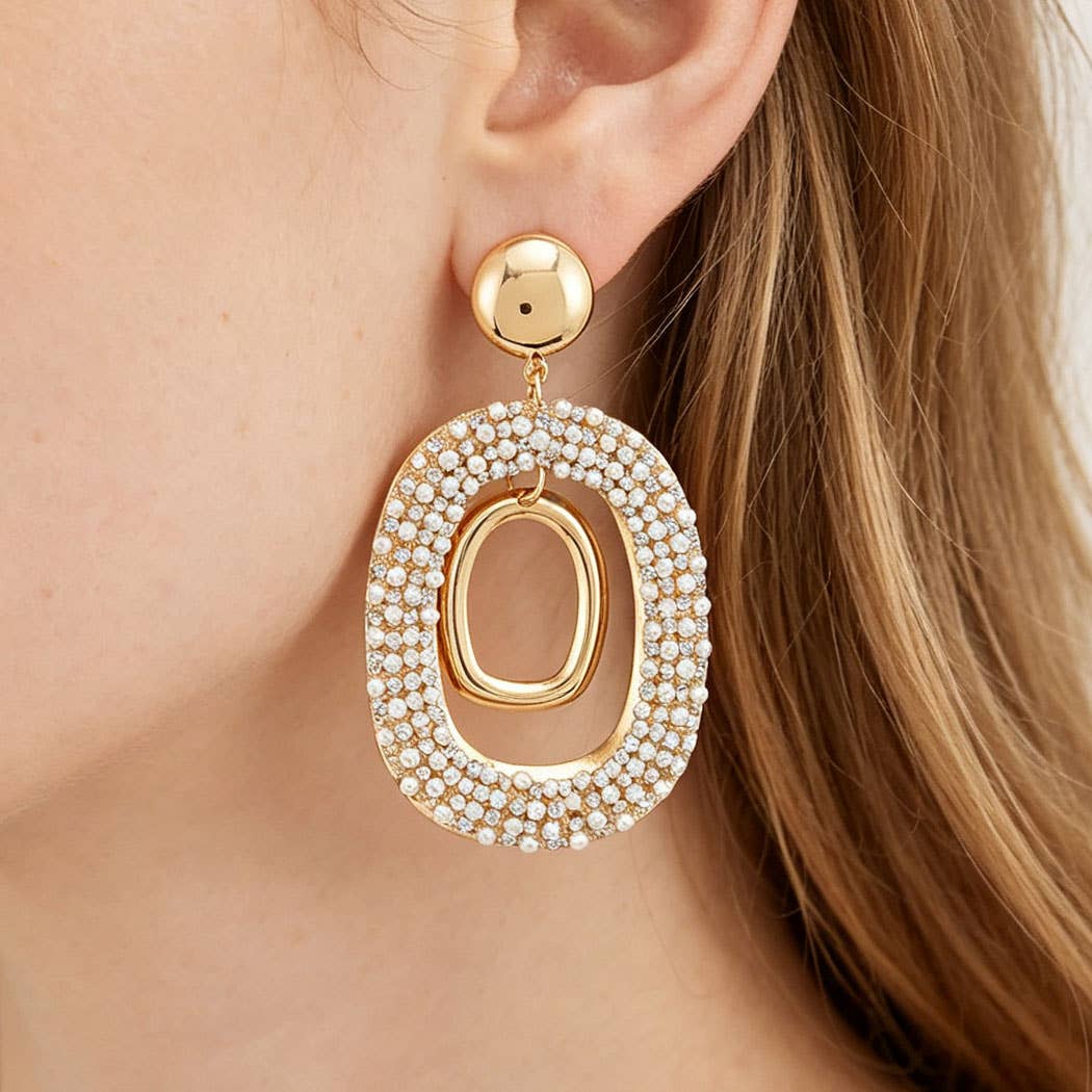 Layered Oval Rhinestone Drop Earrings