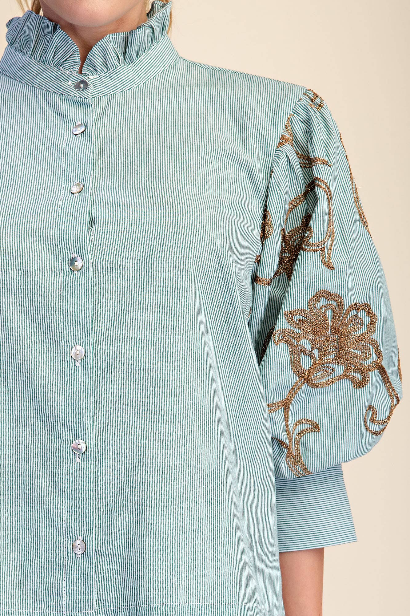 Ruffle Neck Embroidery Puff Sleeve Blouse