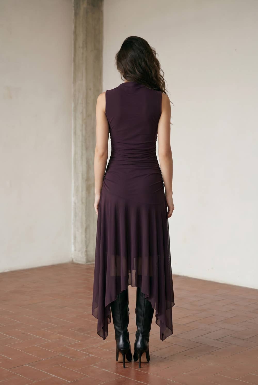 Draped High-Neck Mesh Maxi Dress with Asymmetric Flutter Hem