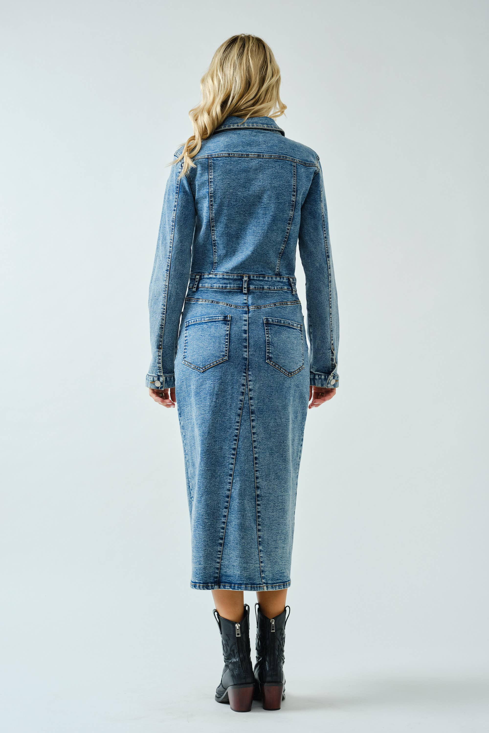 Stretch Button Down Washed Denim Dress