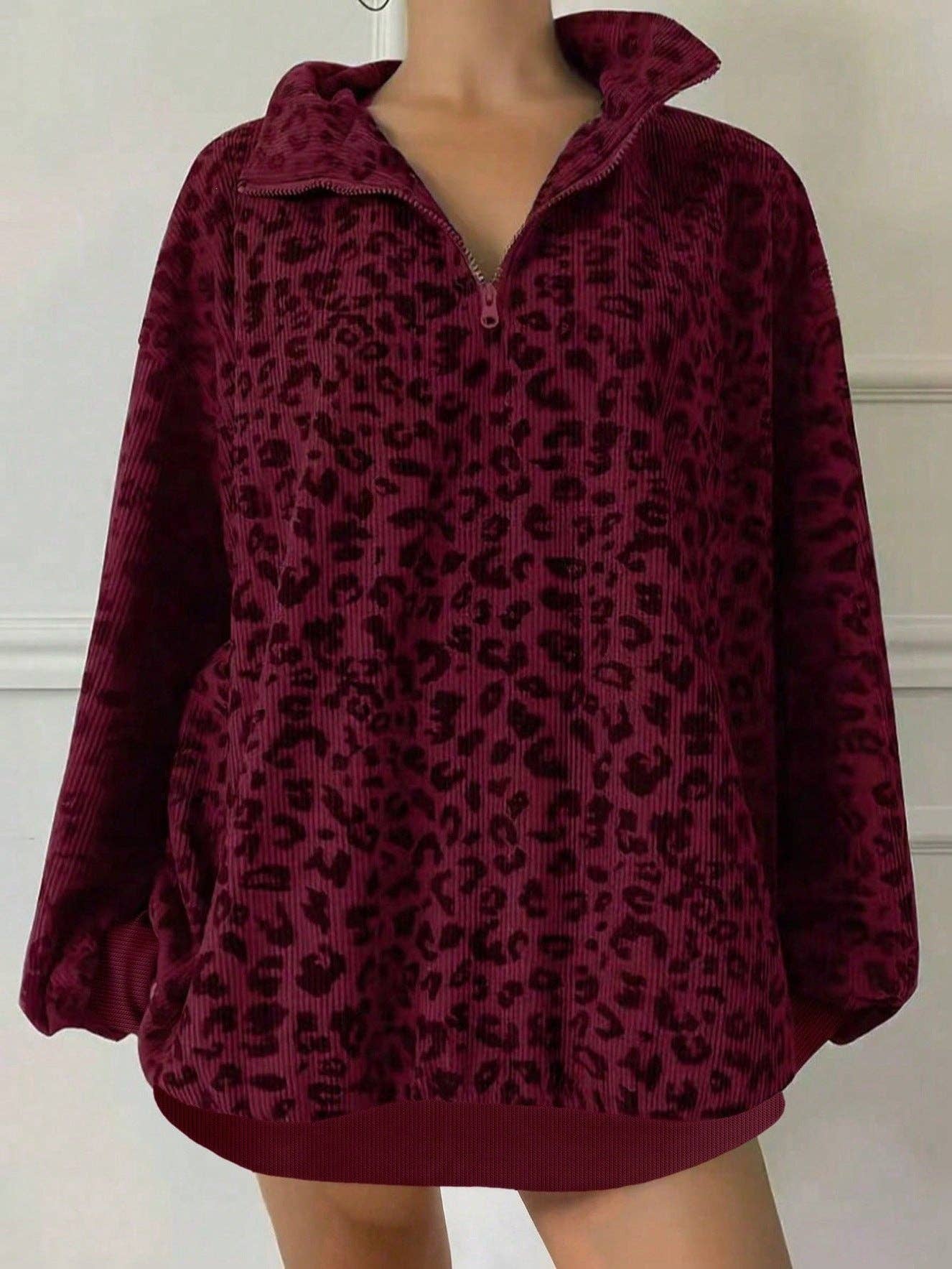 Leopard Corduroy Sweatshirt Streetwear Oversized Half Zip
