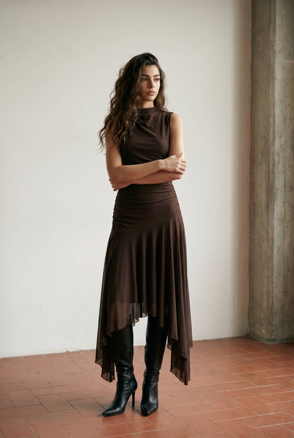 Draped High-Neck Mesh Maxi Dress with Asymmetric Flutter Hem