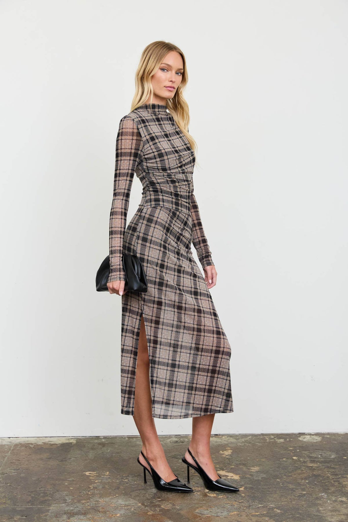 Plaid Mesh Ruched High Neck Midi Dress