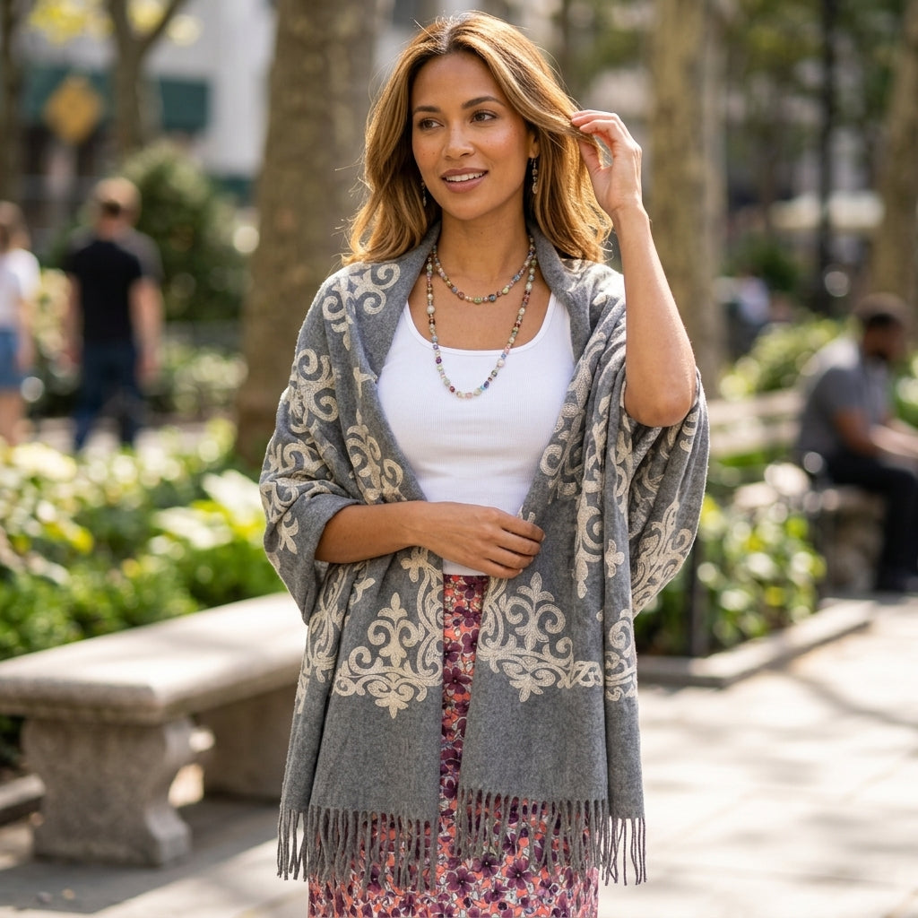 Floral Stitching Fringe Scarf