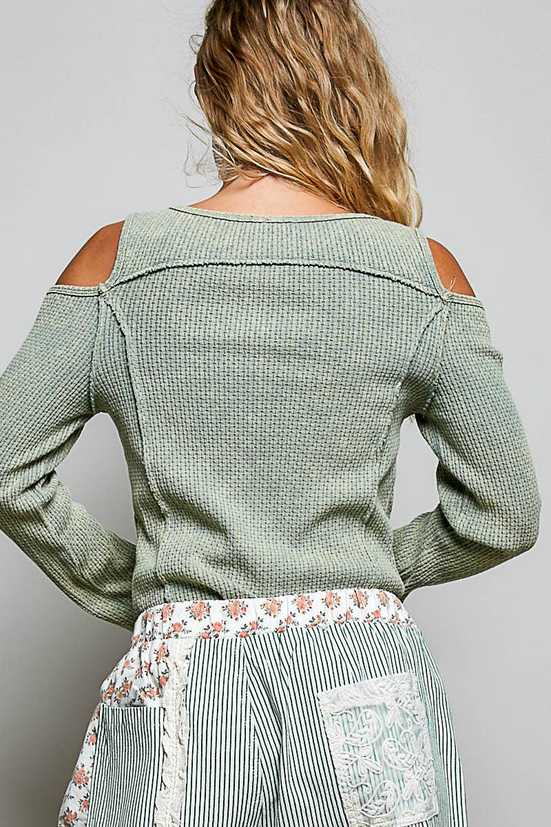 Vintage Washing Solid Buckle Open Shoulder Knit Thermal Top