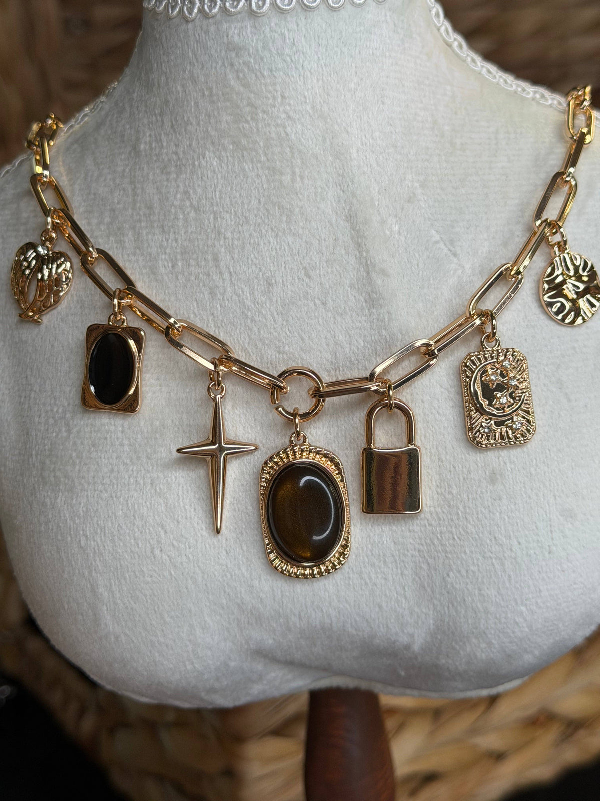 Gold Necklace with Brown Stone & Charms