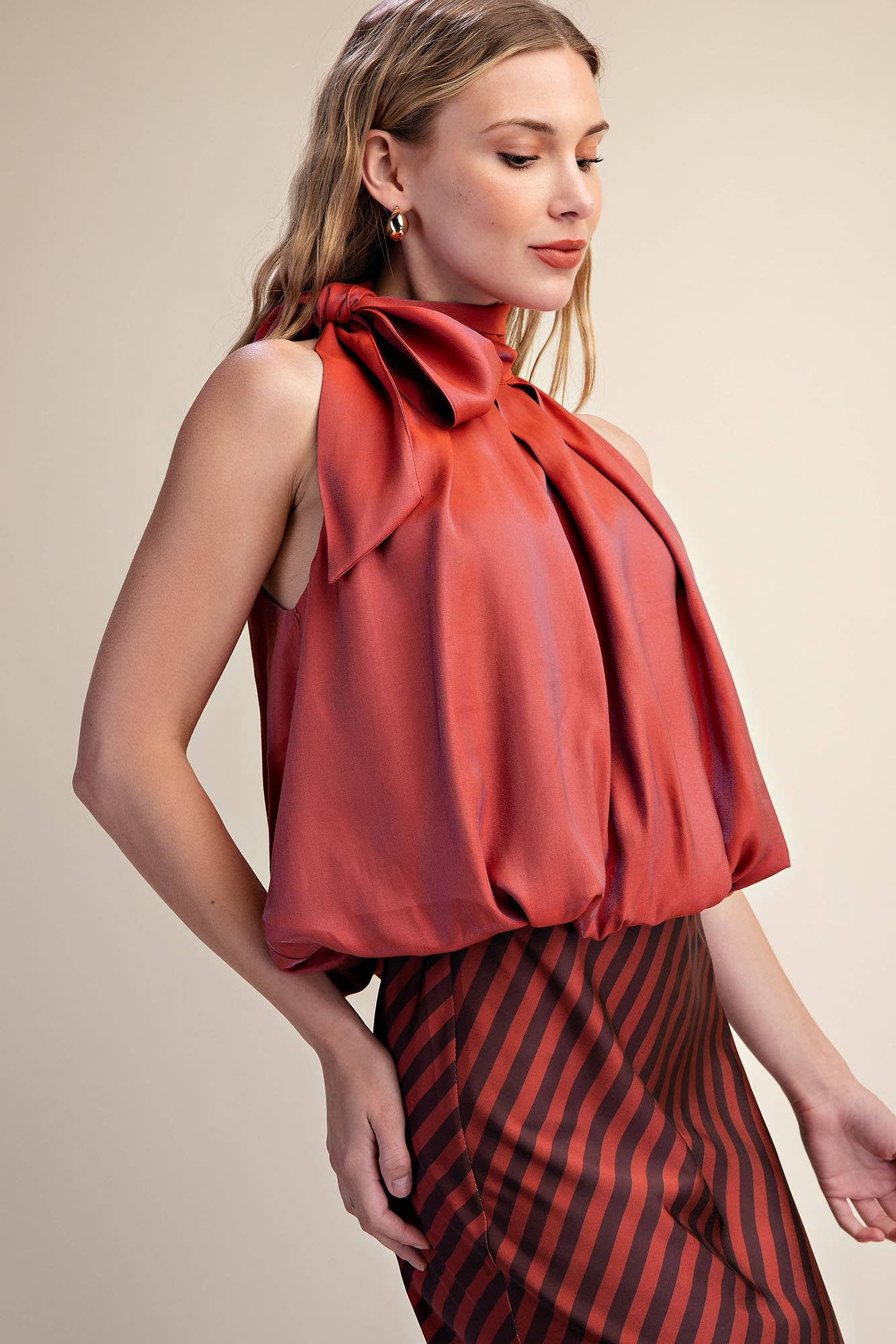 High Neck Tie Wrap Sleeveless Bubble Top